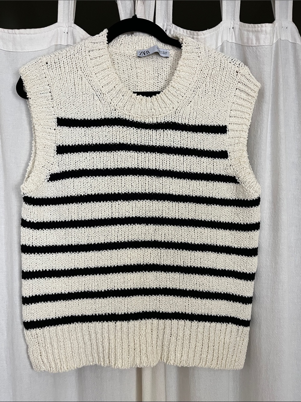 Zara Cream and Black Striped Knit Sleeveless Crewneck Sweater Vest